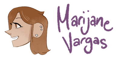 Cartoon illustration of Marijane Vargas's head next to her signature